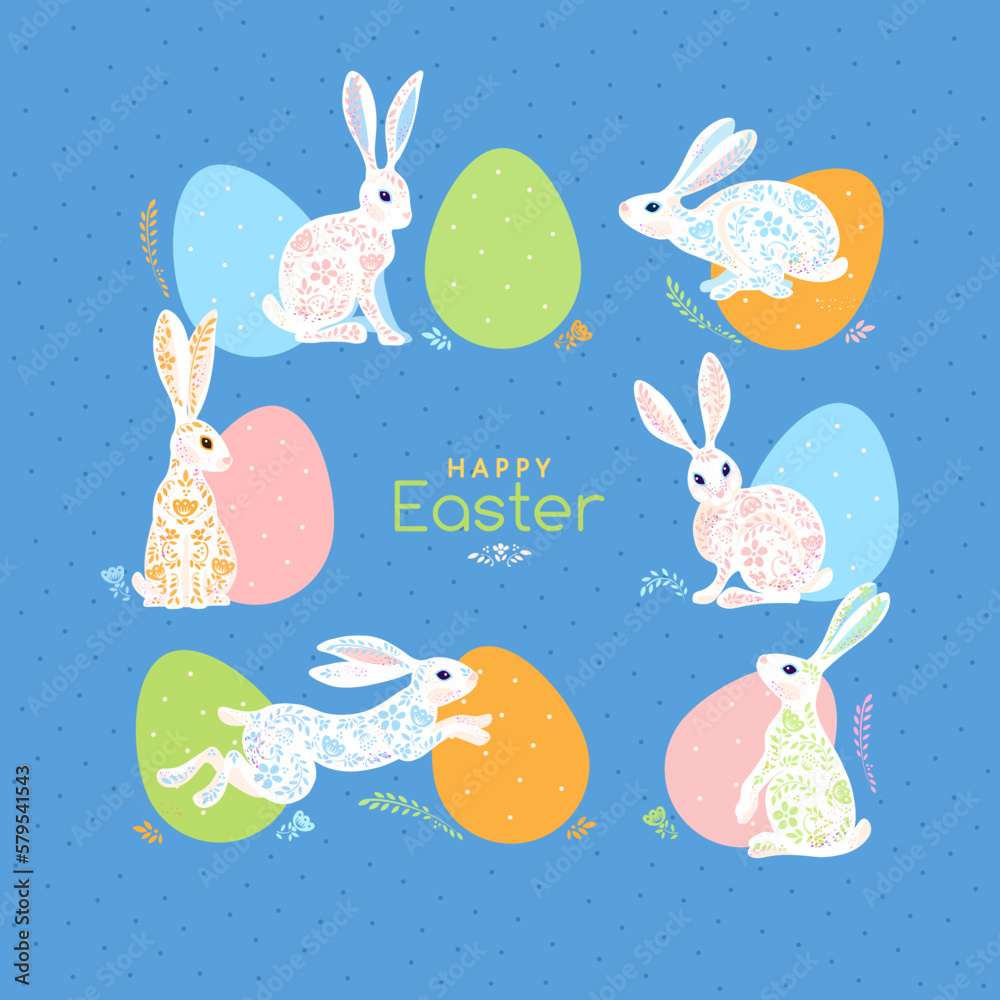 Happy Easter square greeting card, banner, poster with colorful eggs and red jumping rabbits. Creative flower pattern in pastel colors. Modern minimal folk style. Trendy design with bunnies.