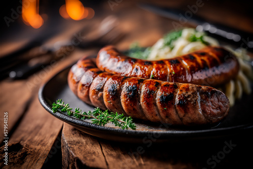 homemade sausage grilled with herbs on rustic wooden table. AI generated