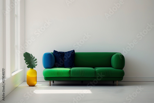 distance shot of modern couch against white wall  trendy minimalism