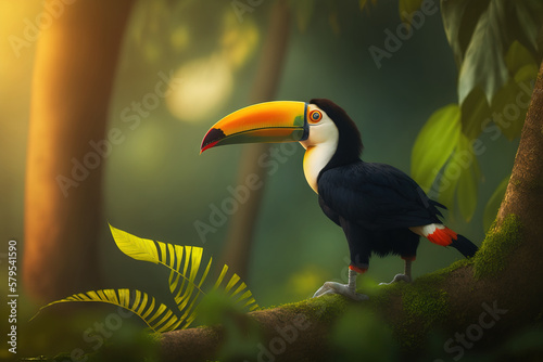 Toco toucan in the reserve of exotic tropical birds. Generative AI © artem