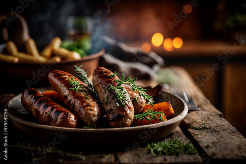 homemade sausage grilled with herbs on rustic wooden table. AI generated