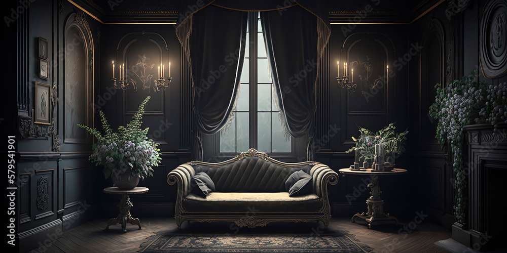 large black Victorian room with black Victorian sofa with dark flowers ...