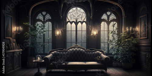 large black Victorian room with black Victorian sofa with dark flowers surrounding the room large window with dim light coming through