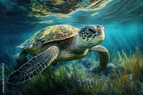 Turtle swims underwater in the sea (Generative AI) © senadesign