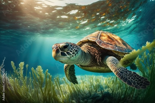 Turtle swims underwater in the sea  Generative AI 