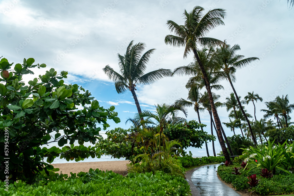Obraz premium Ka’anapali Beach on a Stormy Day - Ka’anapali, Hawaii on Maui near Lahaina - Also seen is Molokai Island