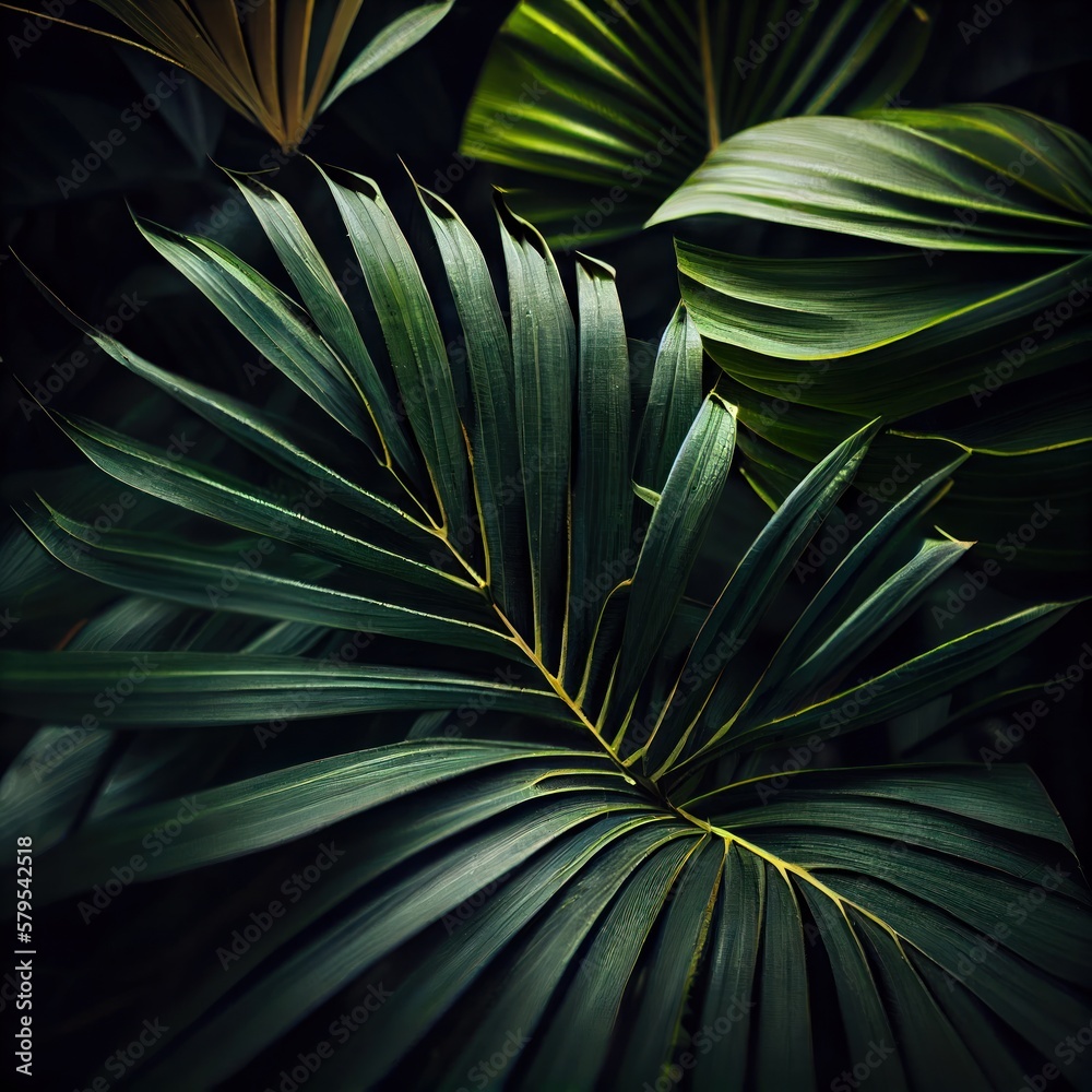 Fototapeta premium Palm leaves dark background. Dark green Tropical palm leaves, jungle leaf pattern background. ai generative