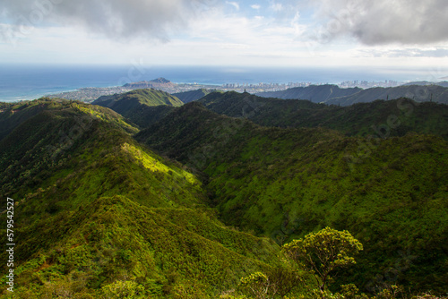 Views of Oahu and Honolulu from up in the cloudy mountains on the wiliwilinui ridge trail.