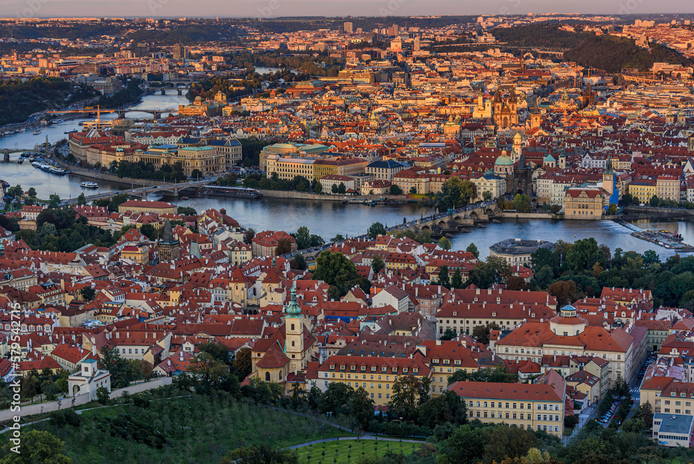 Prague's twilight skyline with the Charles Bridge and the Vltava River