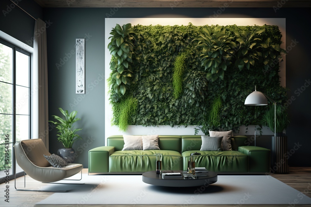 Vertical green wall in a living room interior, concept of Vertical