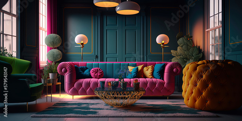 Render image of minimalist living room interior with colorful furniture and accessories © Fernando
