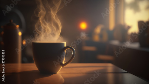 A glass of hot coffee with heating smoke is placed on the wooden table with cafe interior background in the morning environment. Generative Ai image.