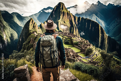 A backpacker with backpack is standing on the peak of mountain with Machu Picchu, the world famous landmark of Peru as the background. Travel and journey scene. Generative Ai image.	
 photo