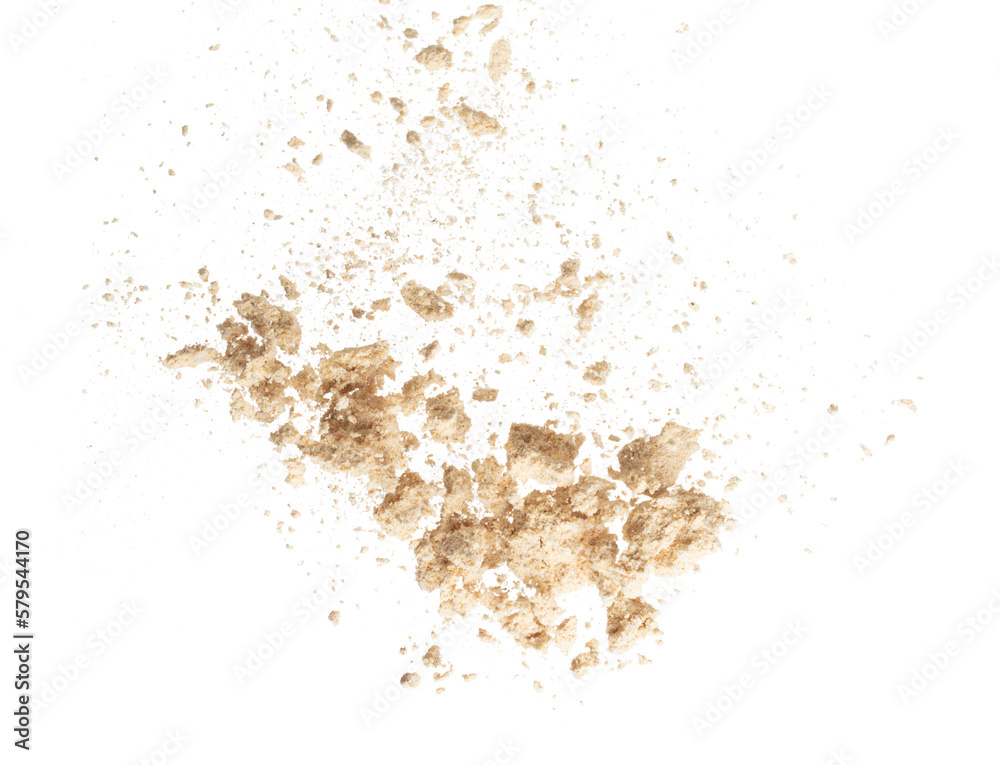 Seasoning powder explosion flying, Beige brown seasoning powder wave floating fall down in air. Seasoning powder is element material. Eyeshadow crush for make up artist. White background Isolated