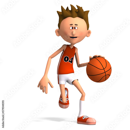 3D-illustration of a cute and funny cartoon basketball player dribbling a ball photo