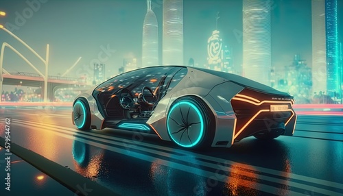 Autonomous driving in the Future of urban car mobility, AI car, futuristic neon car on the street in futuristic city in 8K created with generative ai technology