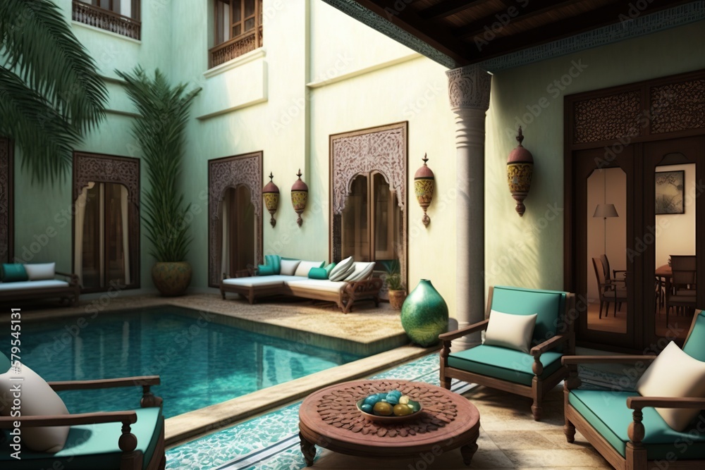design of a home lounge with a swimming pool, concept of Interior ...