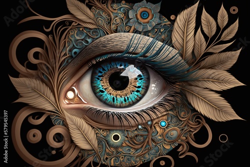 Eye in boho style, concept of Bohemian style and Eye illustration, created with Generative AI technology