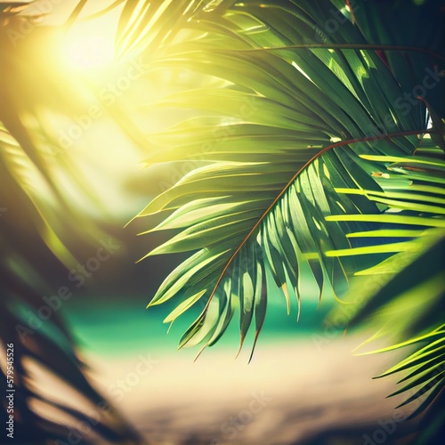 Palm leaves background. Sea view through green palm leaves and bright sunlight. ai generative