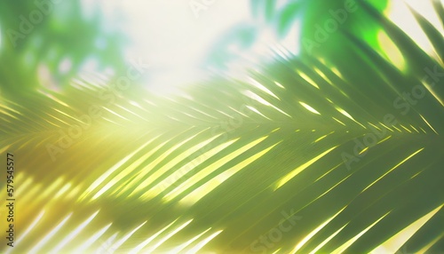 Palm leaves background. Sea view through green palm leaves and bright sunlight. ai generative