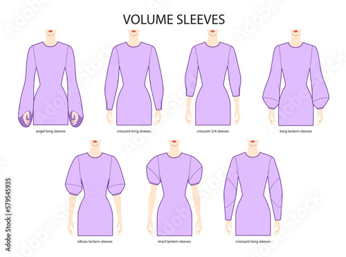Set of Volume sleeves clothes angel, crescent, croissant, lantern long, short technical fashion illustration with fitted body. Flat apparel template front side. Women, men unisex CAD mockup
