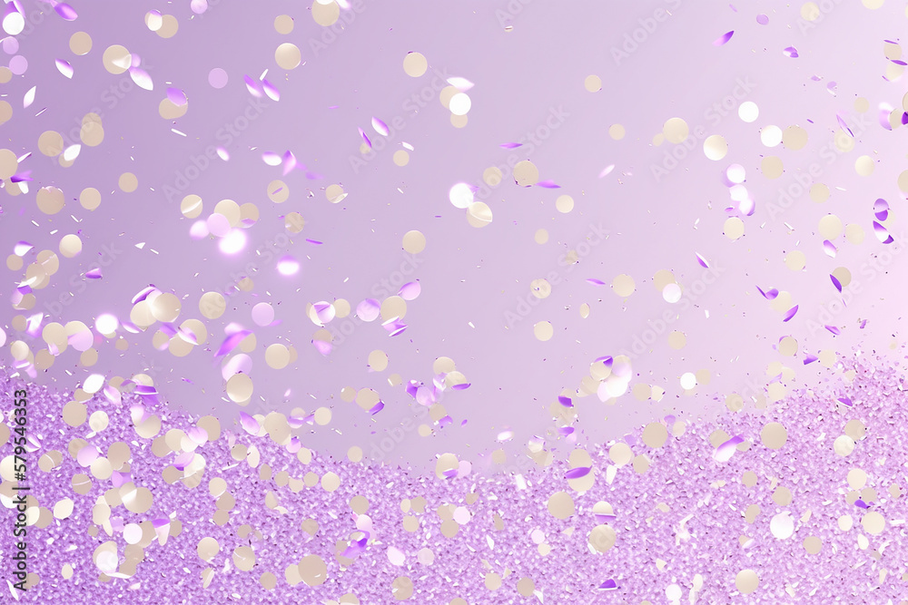 Abstract pastel lilac and golden small confetti on lavender background, party design. Generative AI