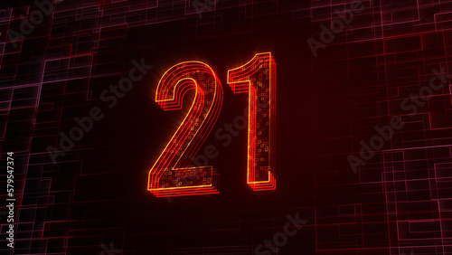 Futuristic Red Yellow Shine 3D Perspective View 21 Number Text Lines With Square Dots Fractal Digital Technology Texture