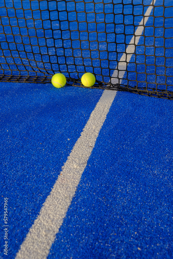 Two ball next to the net of a blue paddle tennis court.