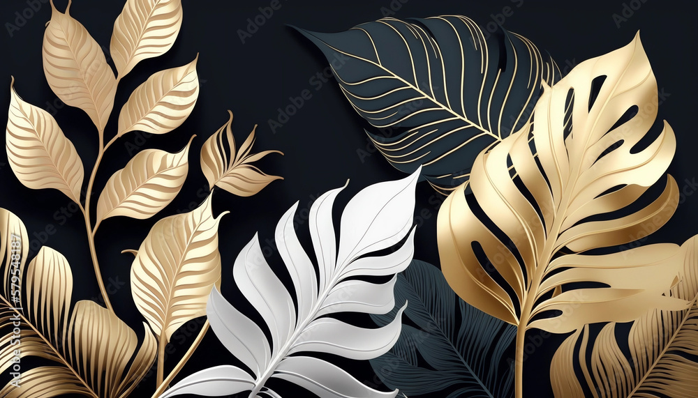 Fototapeta Black, gold white Tropical leaves pattern background generative ai