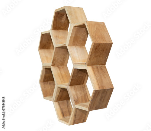 Wooden hexagonal shelf isolated on white background