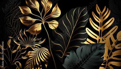 Black and gold Tropical leaves pattern background generative ai