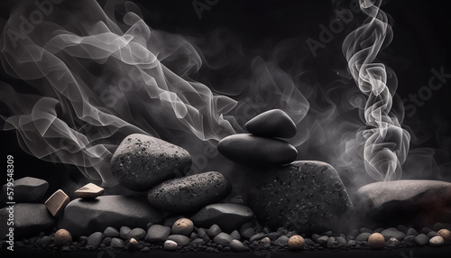 smoking zen stones on black background generative ai