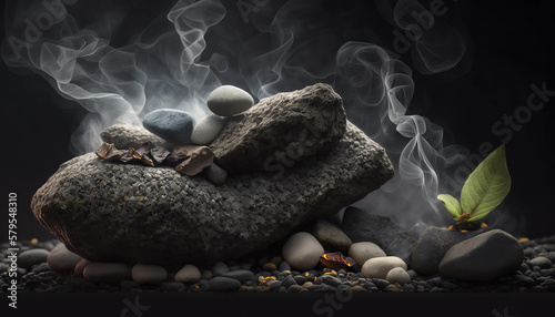 smoking zen stones on black background generative ai