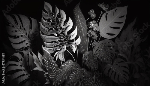 Black tropical leaves pattern background generative ai