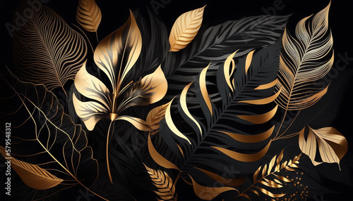 Black and gold Tropical leaves pattern background generative ai