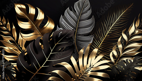 Black and gold Tropical leaves pattern background generative ai