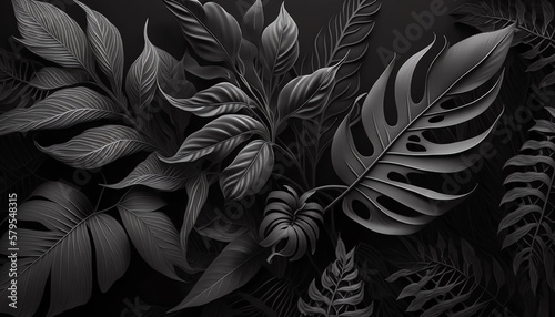 Black tropical leaves pattern background generative ai