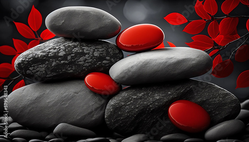 red spa stones and leafs generative ai