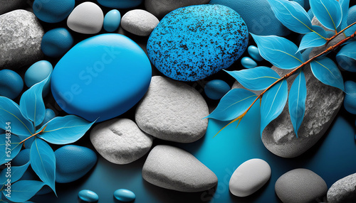 blue spa stones and leafs generative ai photo