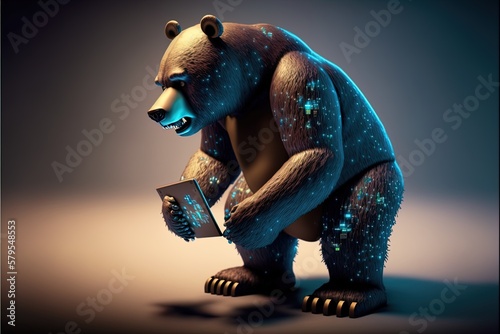 Angry Bear trading at tablet as a concept of bearish / pessimistic mindset in relation to stock prices or crypto prices in 8K created with generative ai technology