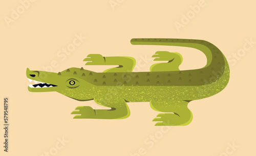 Wild African animal. Dangerous green crocodile or alligator inhabitant of savannah. Predatory reptile from jungle. Fauna and biodiversity. Cartoon flat vector illustration isolated on beige background