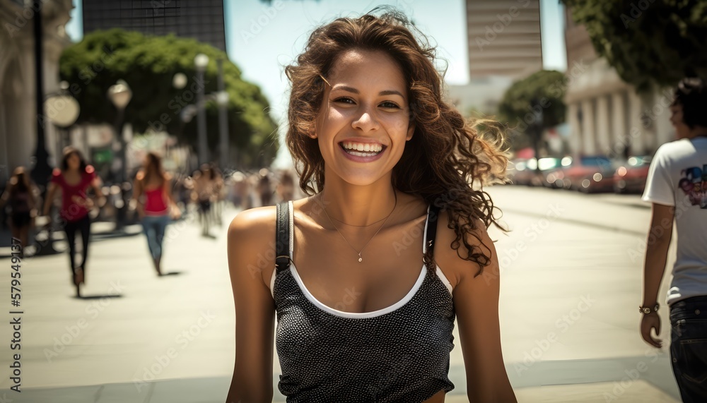 Smiling Hispanic woman posing in a city street. Generative AI