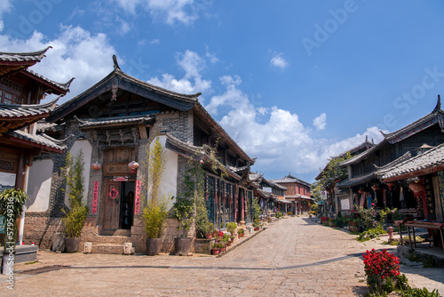 August 7, 2021, Lijiang, China. Scenic street in the Old Town of Lijiang, Yunnan province, China. The Old Town of Lijiang is a popular tourist destination of Asia.