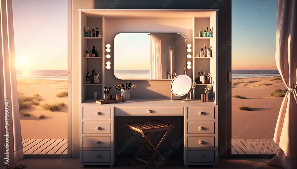 A chic dressing room setup with a vanity and full-length mirror on a sandy beach with the sun setting in the background. HD, realistic, warm lighting. generative ai
A chic dressing room setup with a vanity and full-length mirror on a sandy beach with the sun setting in the background. HD, realistic, warm lighting. generative ai