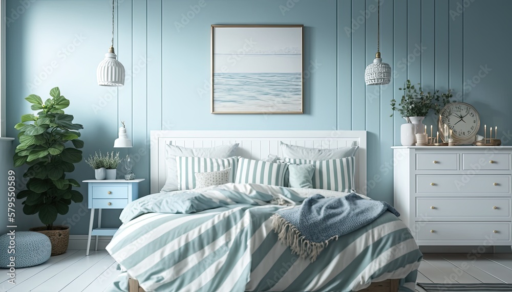 Φωτογραφία A coastal style bedroom with light blue walls and white wooden furniture