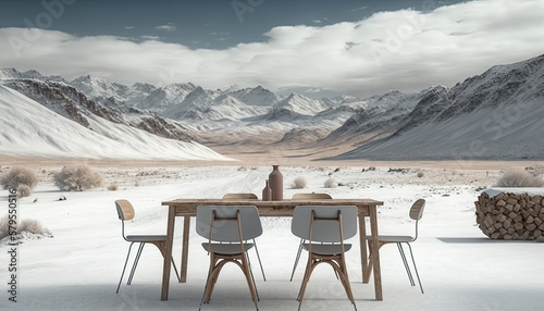 An outdoor dining area with a wooden table and comfortable chairs, set up in the middle of a snowy landscape with a mountain range in the distance. HD, realistic, natural lighting type. generative 


 photo