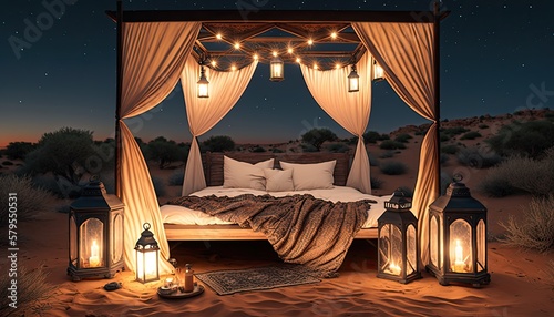 A boho-chic outdoor bedroom setup with a canopy bed and lanterns in the middle of a desert with a starry night sky in the background. HD, realistic, warm lighting. generative ai