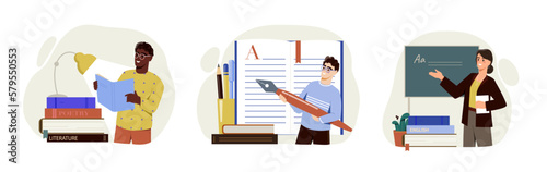 School and preschool lessons set. Men with books and woman in class at blackboard. Education and training. People learning literature. Cartoon flat vector illustrations isolated on white background