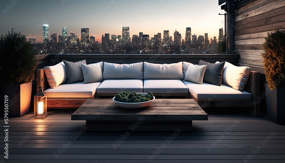 A modern outdoor living room setup with a sectional sofa and coffee
