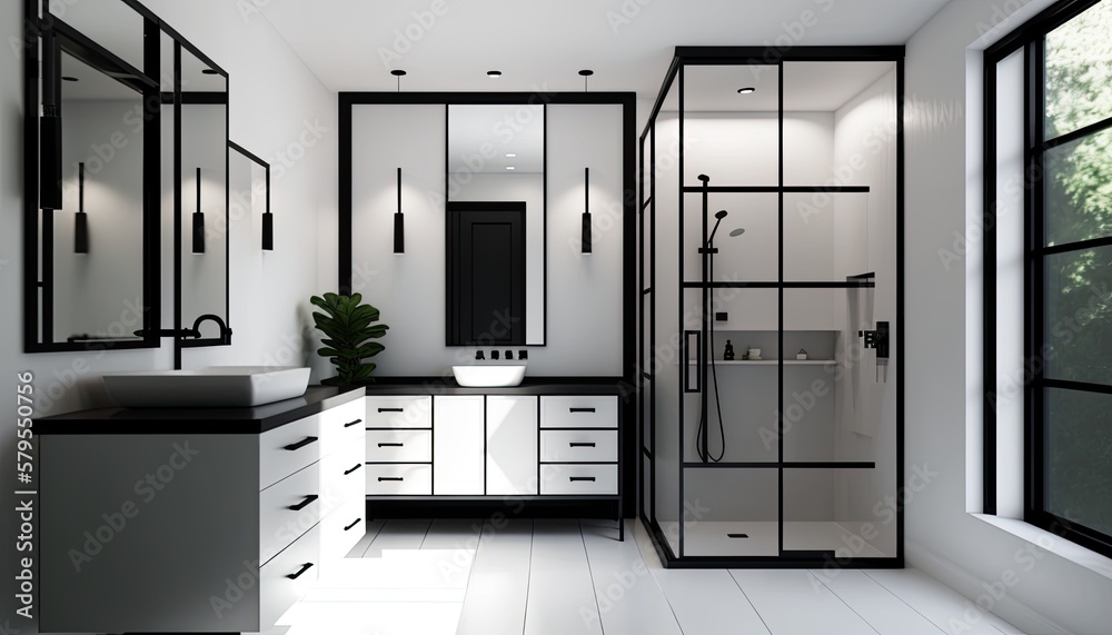 A sleek and modern bathroom with a minimalist white vanity and sleek black fixtures, featuring a large shower and luxurious freestanding tub. generative ai
A sleek and modern bathroom with a minimalist white vanity and sleek black fixtures, featuring a large shower and luxurious freestanding tub. generative ai